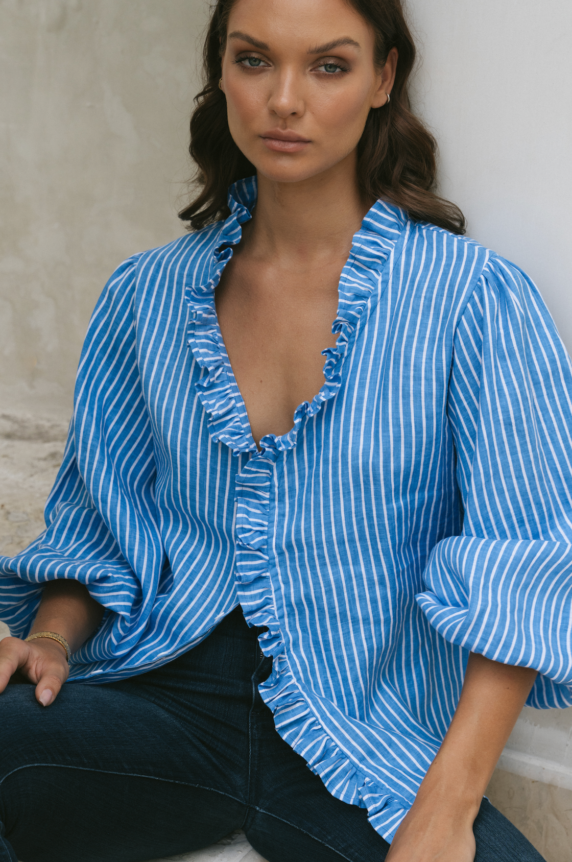 Olive Ruffle Shirt - Stripe