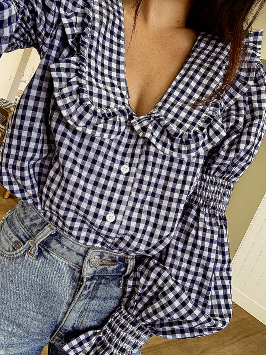Frill Shirt - Navy Gingham