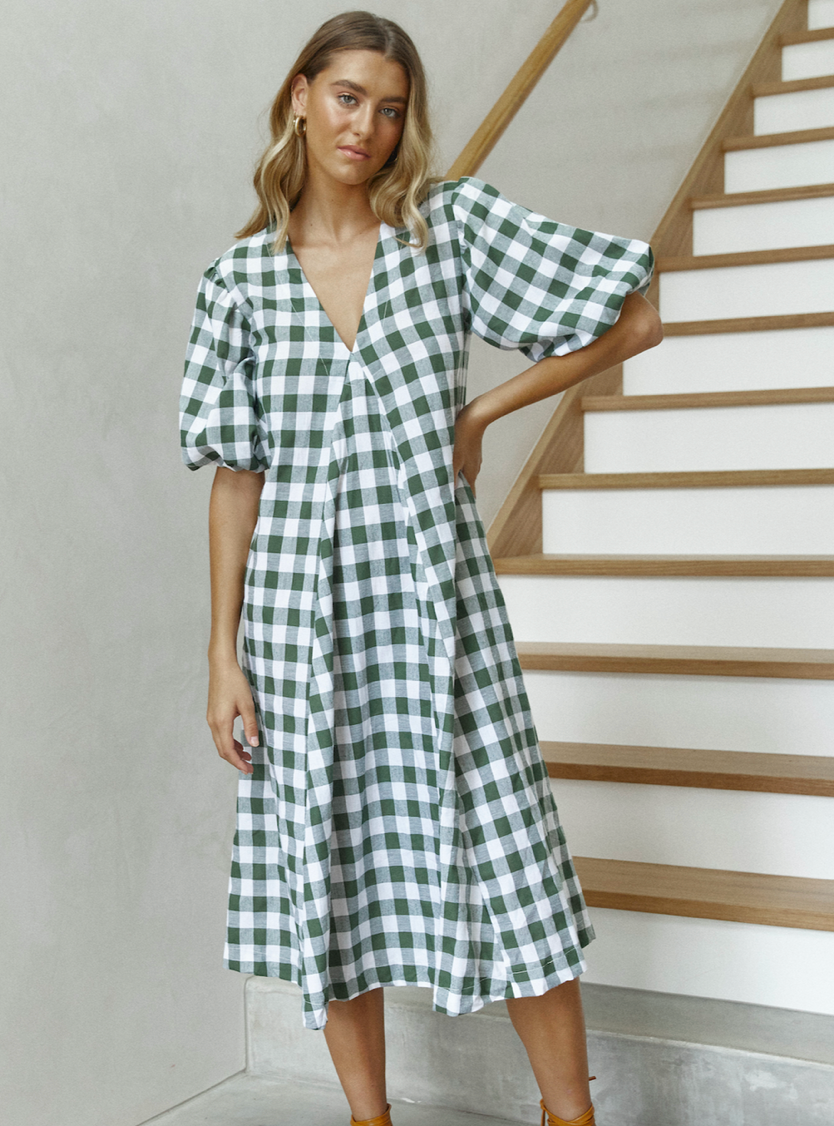 SALE Charlotte Dress - Olive Check Cotton