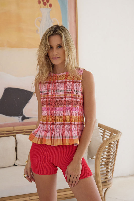 Alma Shirred Top - Plaid