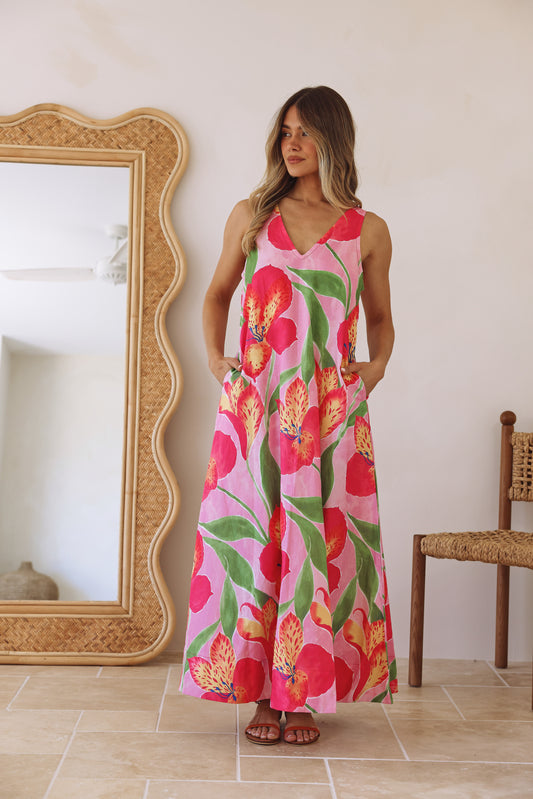Eloise Dress Printed Linen - Wholesale