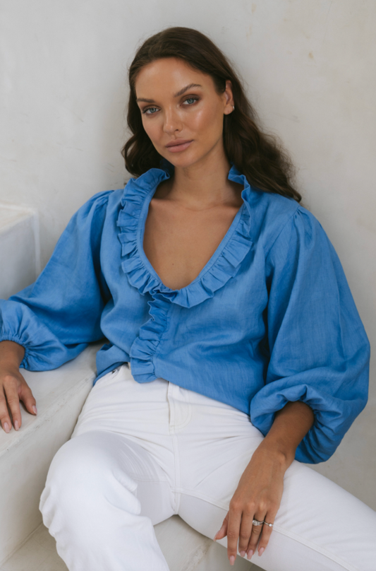 Olive Ruffle Shirt Linen - Wholesale