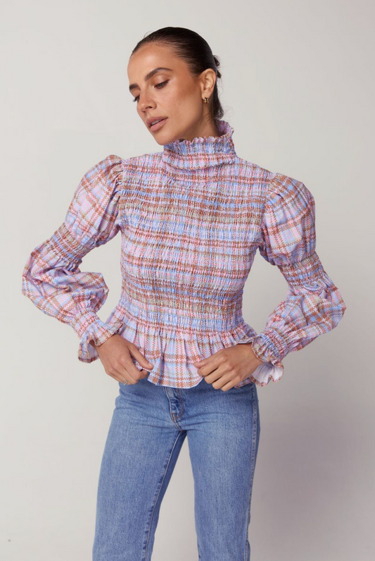 Violet Shirred Top - Printed Linen