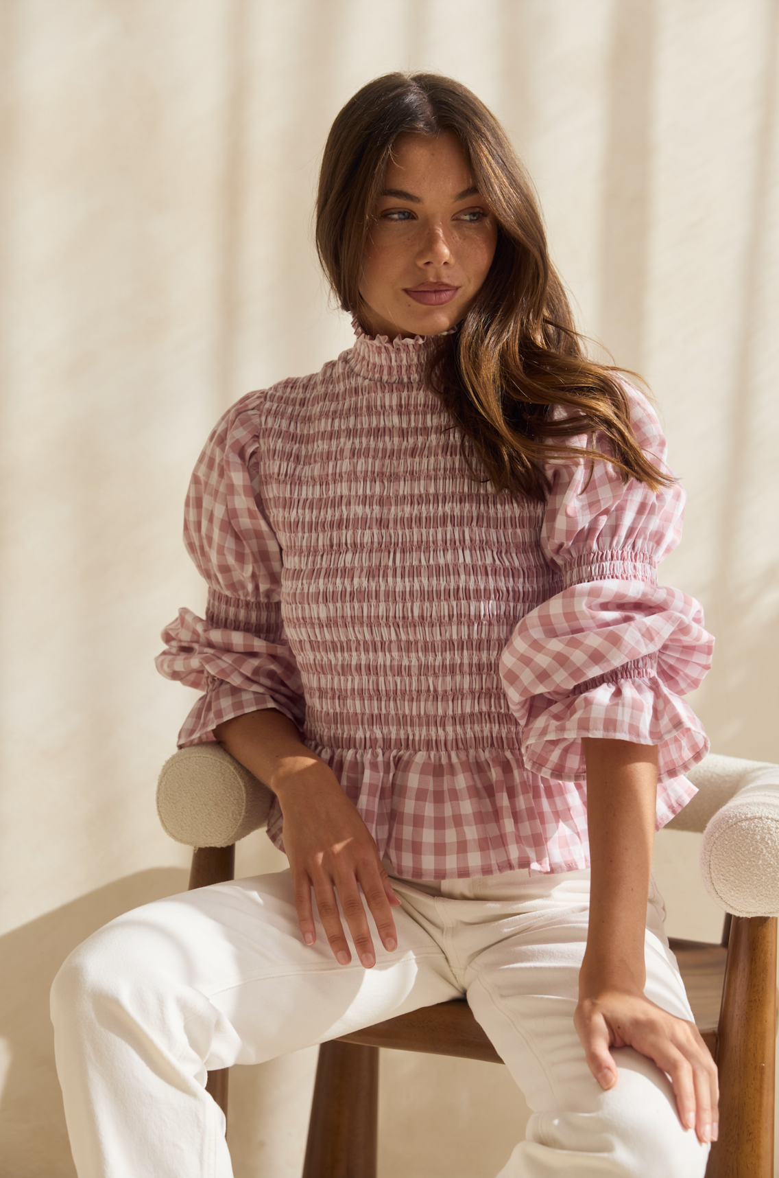 Violet Shirred Top - Blush Gingham Cotton
