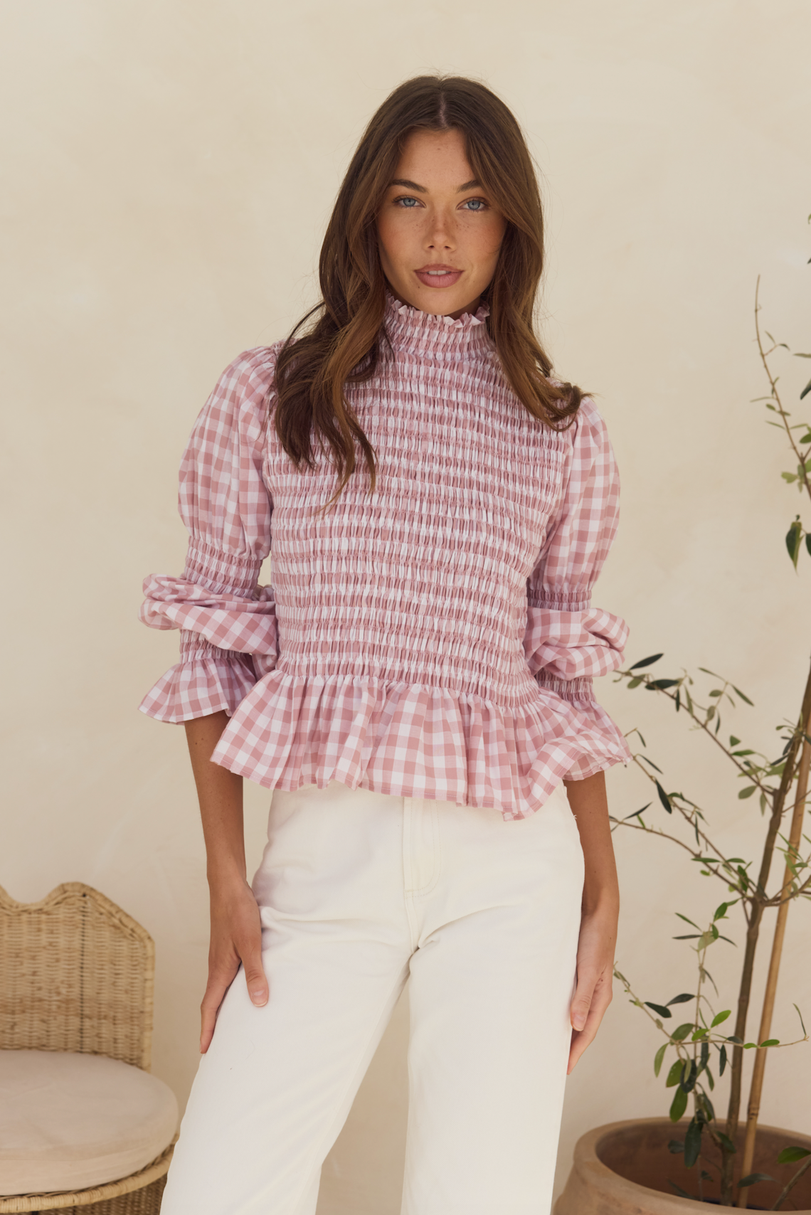 Violet Shirred Top - Blush Gingham Cotton
