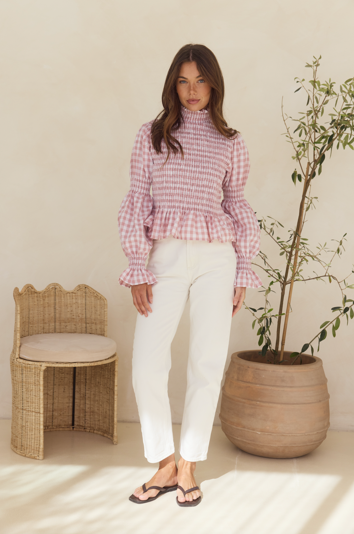 Violet Shirred Top - Blush Gingham Cotton
