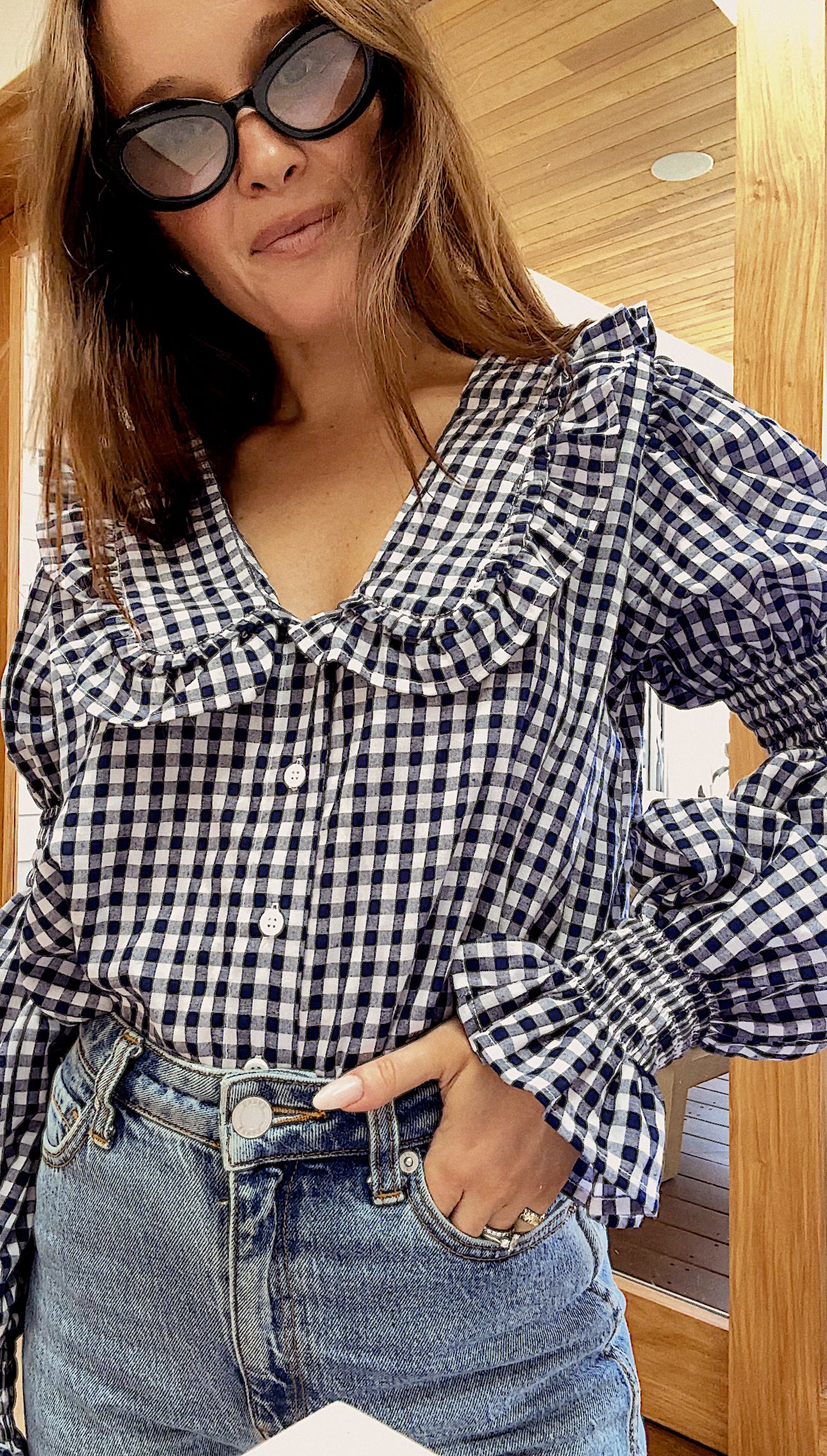Frill Shirt - Navy Gingham