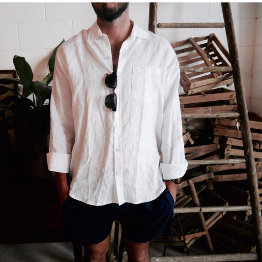 Crandokta Linen Long Sleeved Shirt - White & Navy